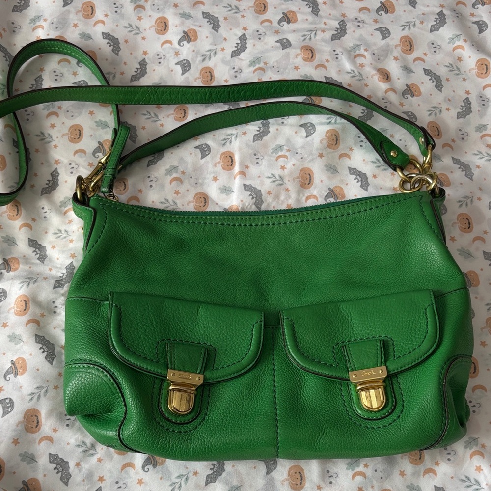 Green Pebbled Leather COACH Shoulder Bag with Gold Hardware